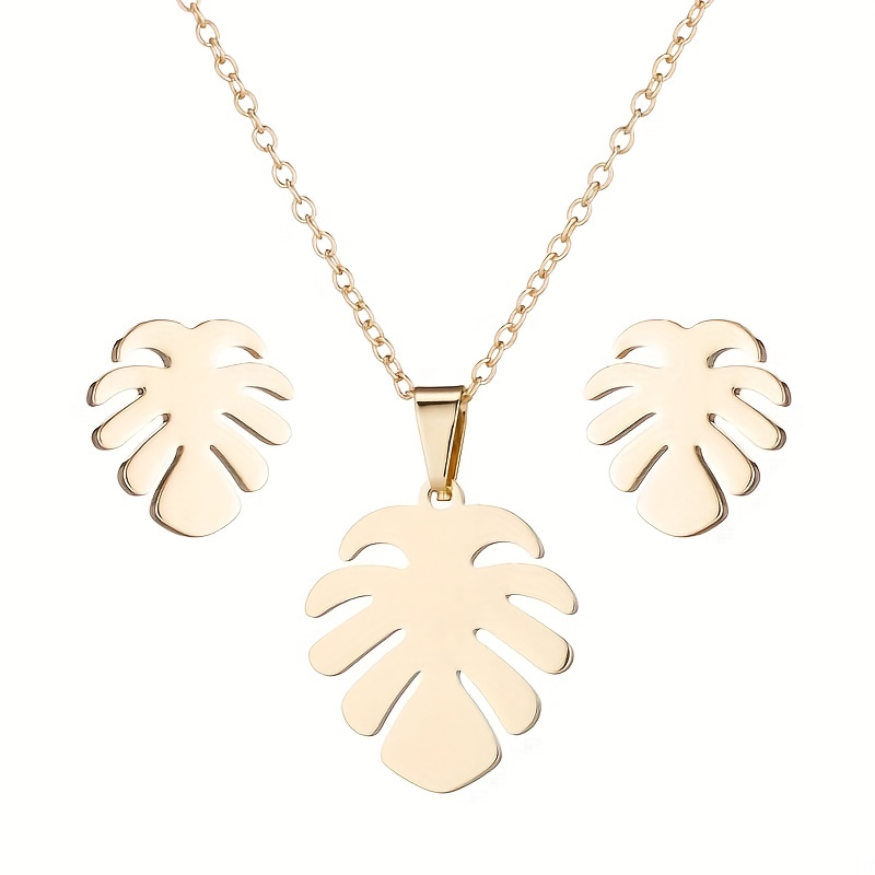 Stainless Steel Monstera Pendant Necklace Set